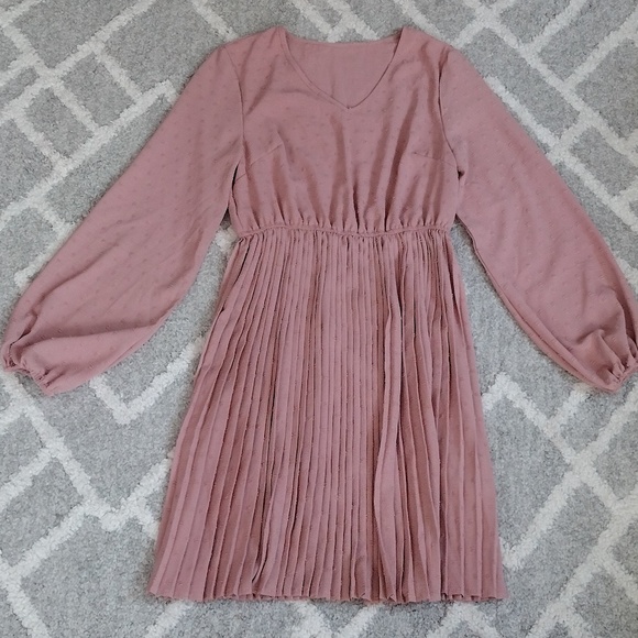 SHEIN Women's Medium Dusty Pink Pleated Unity Solid Swiss Dot A-line Vneck Dress - Picture 7 of 11